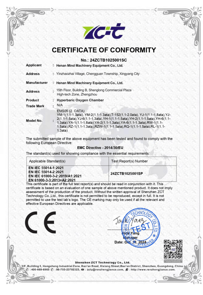 CE EMC Conformity Certificate for Hyperbaric Oxygen Chamber – Mind Oxychamber