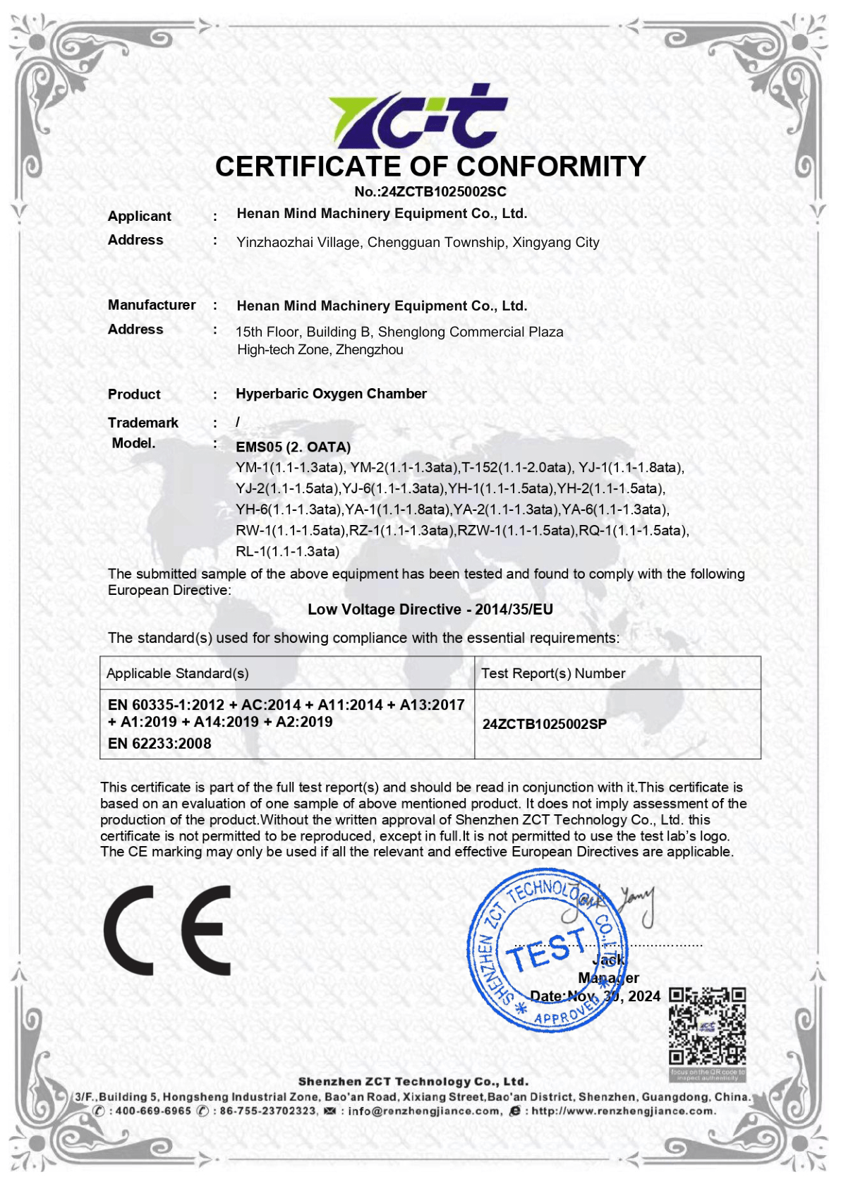 CE-LVD Certificate of Conformity